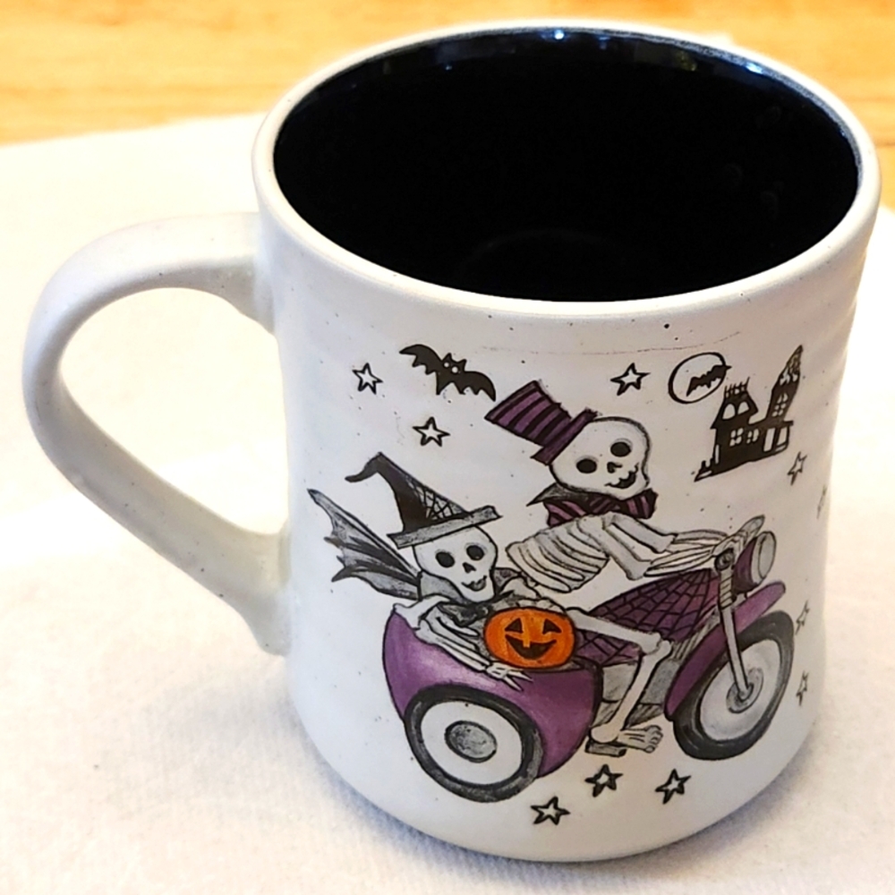 Cobwebs & Cauldrons Halloween Skeletons on Motorcycle 18 oz. Mug